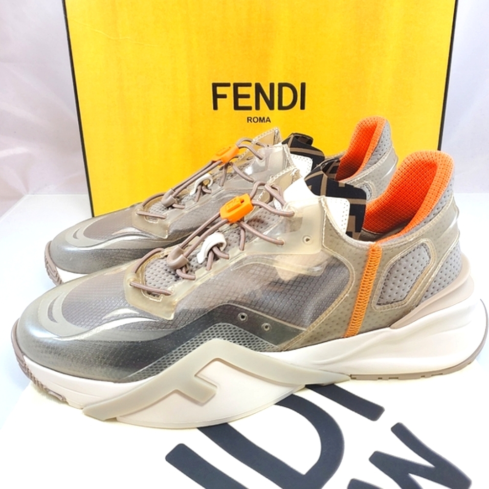 NWT$930 Fendi FLOW Beige Nylon Lowtop Leather Running Sneakers Sz US 12 Fendi 11 - Picture 10 of 16